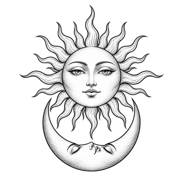 Flash de sol com rosto sobre uma lua crescente